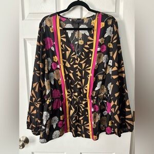 Lane Bryant Black Floral V-Neck Elastic Waist Top Size 24 Office Cocktail